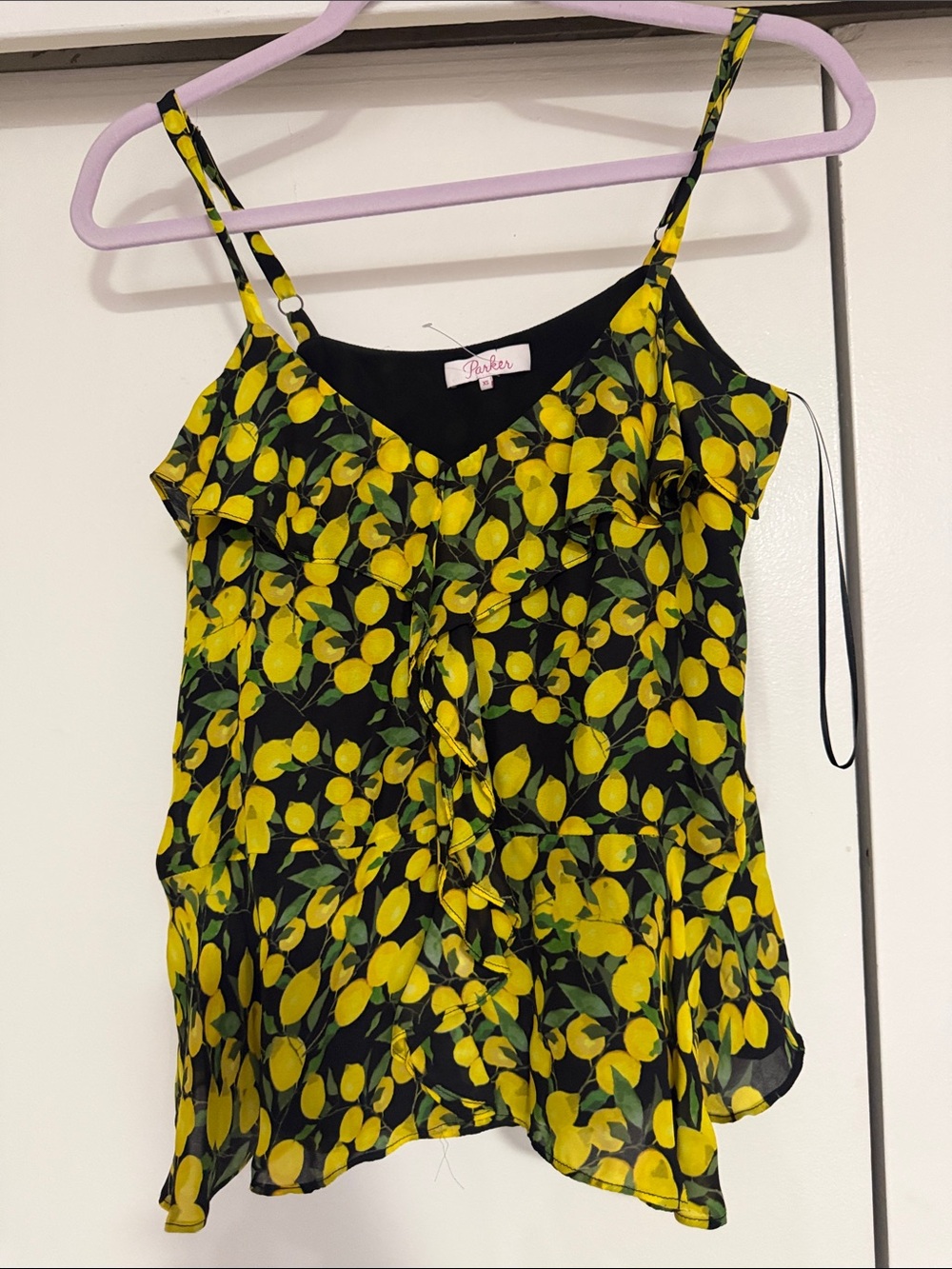 Parker Black Lemon-Print Ruffle Spaghetti Cami